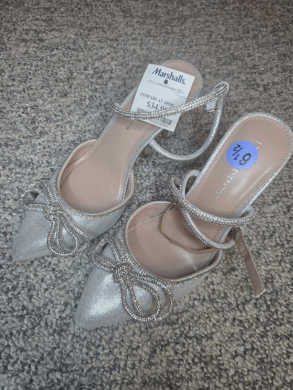BCBGeneration Silver Pointed Toe Rhinestone Bow Ankle-Strap Heels